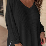 Black Waffle Knit Side Slits Loose Fit V Neck Top