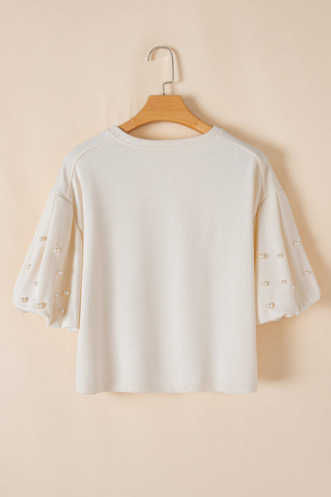 White Pearled Puff Sleeve Round Neck Loose Top