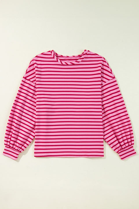 Sachet Pink Striped Print Crew Neck Drop Shoulder Sweatshirt