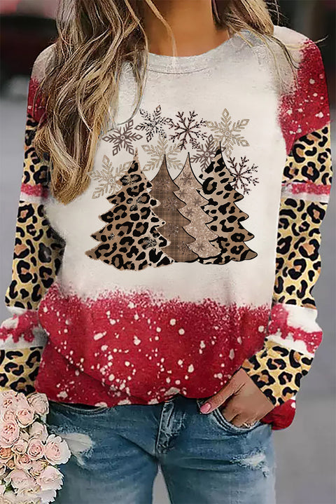 Red Tie Dye Leopard Christmas Tree Graphic Top