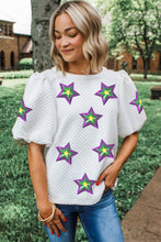 White Textured Sequin Mardi Gras Star Graphic Puff Sleeve Blouse