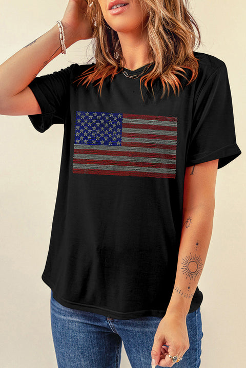 Black Rhinestone American Flag Round Neck Casual Tee