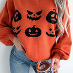 Orange Halloween Pumpkin Face Pattern Drop Shoulder Sweater