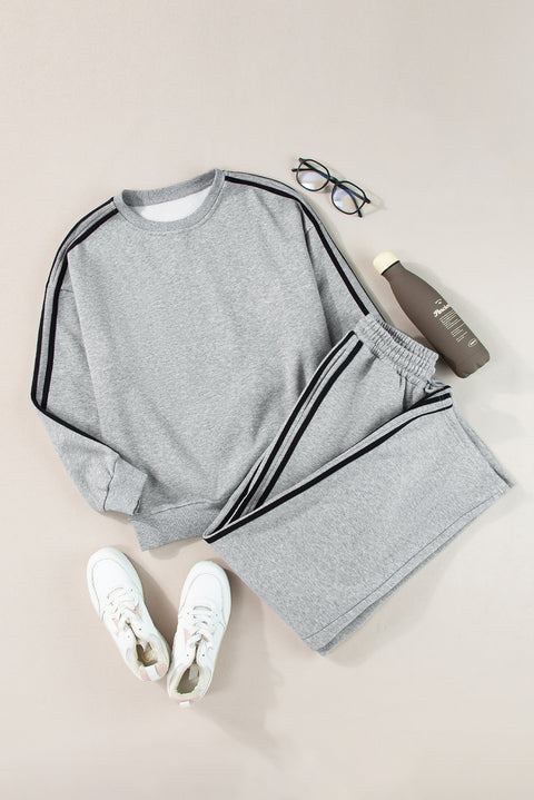 Light Grey Solid Color Side Striped Sweatshirt Active Set