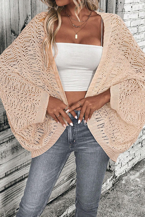 Oatmeal Pointelle Hollowed Knit Batwing Sleeve Cardigan