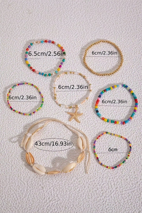 Multicolour 7pcs Starfish Seashell Beaded Bracelet Set