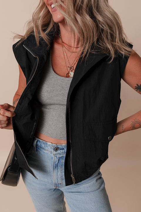 Black Flap Pockets Zip Up High Neck Vest