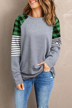 Buffalo Plaid & Stripe Splicing Long Sleeve Top