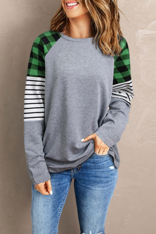 Buffalo Plaid & Stripe Splicing Long Sleeve Top