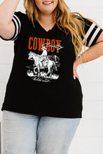 Black COWBOY Graphic Varsity Striped Sleeve Plus V Neck Tee