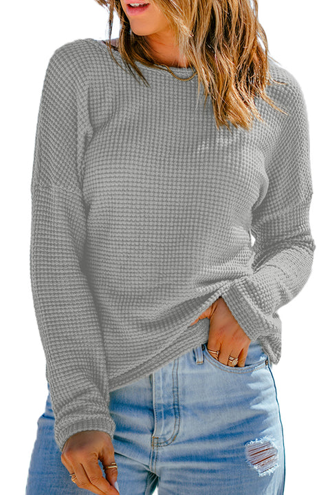 Light Grey Waffle Knit Drop Shoulder Long Sleeve Top