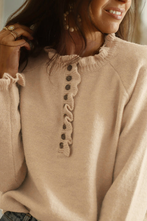 Beige Frill Trim Buttoned Knit Pullover Sweater