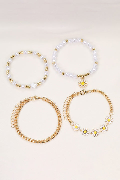 White 4pcs Daisy Pearl Beaded Chain Bracelet Set