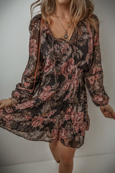 Black Vintage Floral Puff Sleeve V Neck Smock Waist Dress