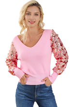 Pink Contrast Sequin Sleeve V Neck Ribbed Knit Sweater