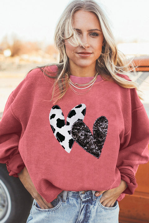 Strawberry Pink Leopard Sequin Heart Graphic Corded Sweatshirt