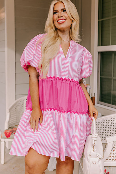 Pink Ricrac Block Accent Puff Short Sleeve Flowy Plus Dress