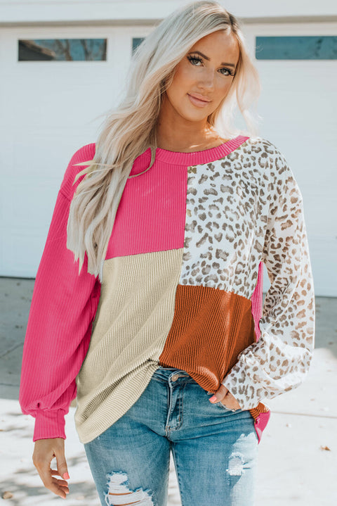 Patchwork Color Block Ribbed Long Sleeve Top