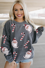 Gray Father Christmas Candy Cane Sequin Patched Baggy Sweatshirt