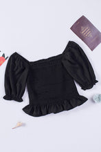 Black Smocked Puffy Sleeve Ruffled Top