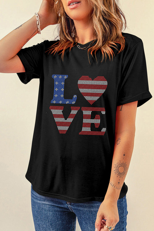 Black Rhinestone USA Flag Stripes and Stars LOVE Graphic T Shirt