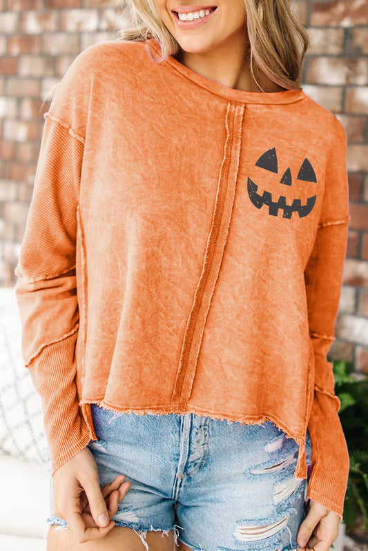 Orange Halloween Pumpkin Face Exposed Seam Patchwork Sweatshirt