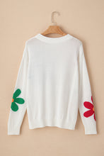 White Colorful Big Flower Pattern Crewneck Sweater