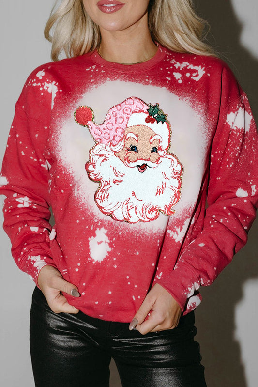 Fiery Red Santa Claus Tie Dye Printed Crewneck Long Sleeve Top