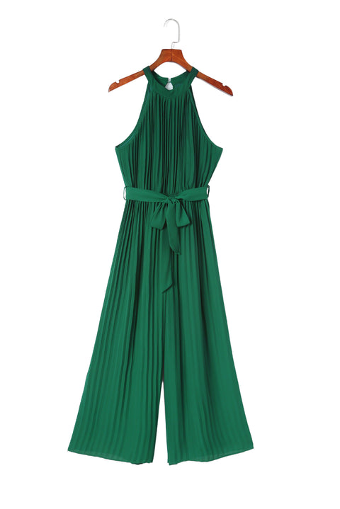 Halter Neck Pleated Wide Leg Jumpsuit with Belt