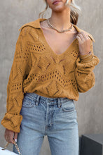 Khaki Hollowed Pattern Knit V Neck Collared Sweater