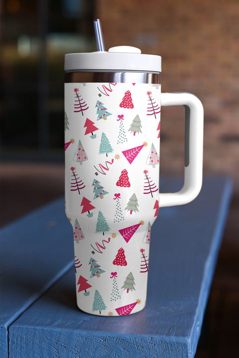 White Cartoon Christmas Tree Printed Thermos Cup