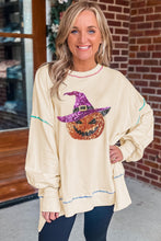 White Glittering Pumpkin Wizard Graphic Exposed Seam Side Split Halloween Sweatshirt