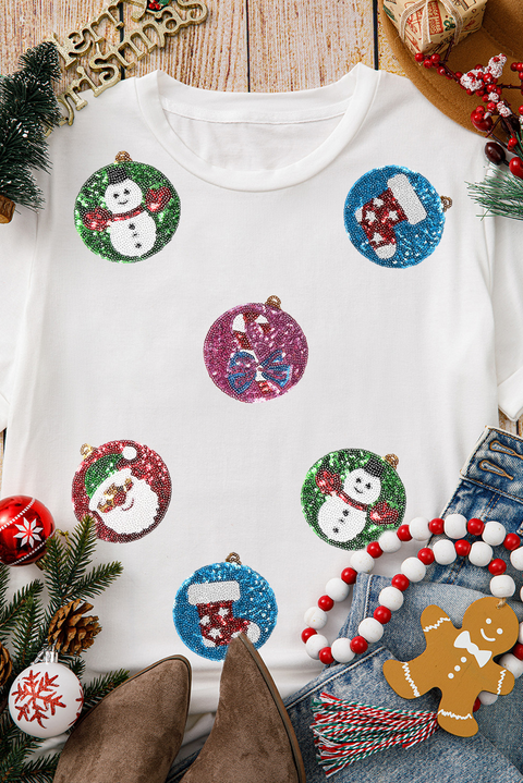 White Sequin Patterned Christmas Light Patch Round Neck Tee