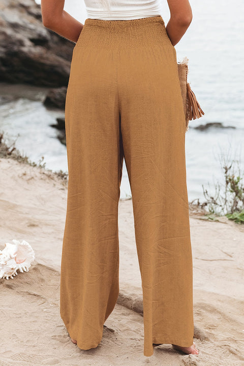 Khaki Smocked Wide Waistband High Waist Wide Leg Pants