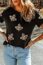 Black Maid Gras Sequin Fleur de Lis Graphic T Shirt