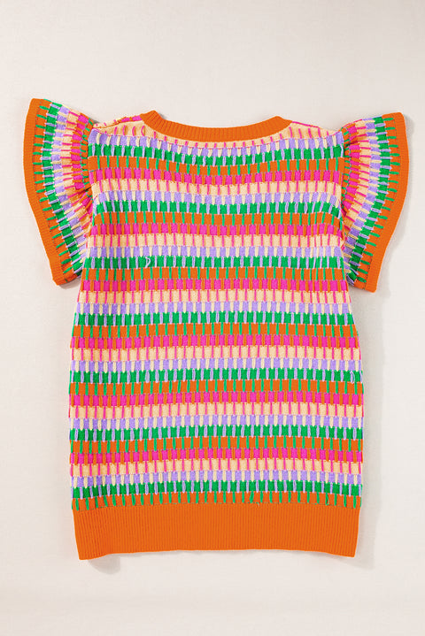 Orange Multicolor Flutter Sleeve Knitted Sweater Top