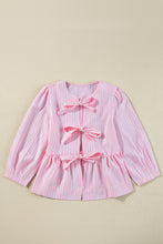 Pink Stripe Bowknot Front Crew Neck Puff Sleeve Blouse