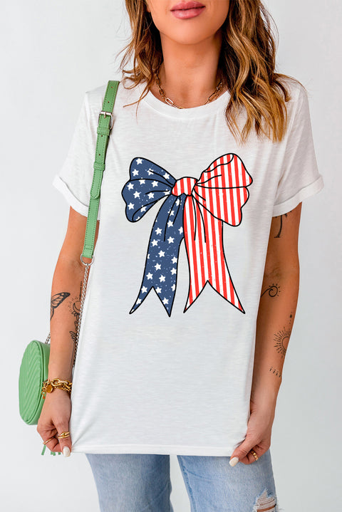 White American Flag Bow Knot Print Slim Fit Crewneck Tee