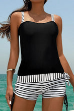 Black Striped Patchwork Side Drawstring Bottoms Tankini Set