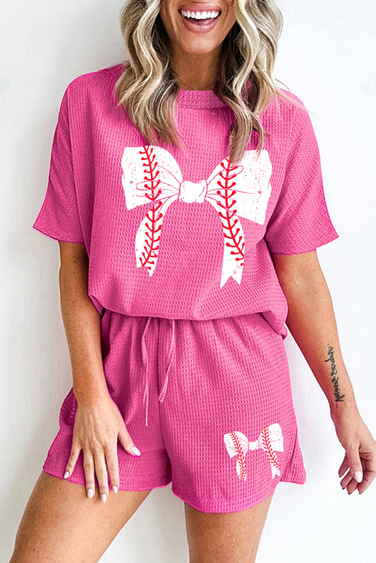 Rose Red Textured Baseball Bowknot Graphic Tee and Shorts Set