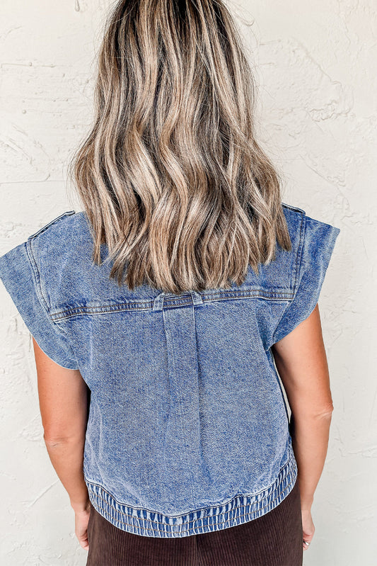 Ashleigh Blue Acid Wash Elastic Hem Button Up Denim Vest