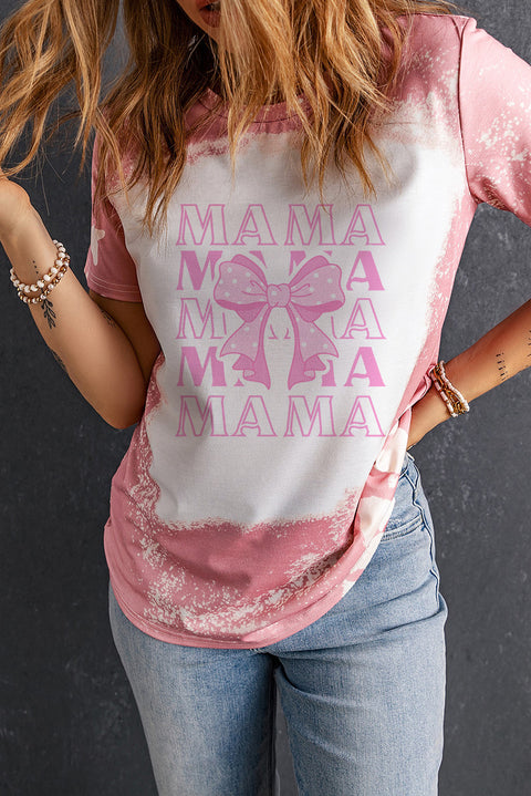 Pink MAMA Bowknot Graphic Bleached Tee