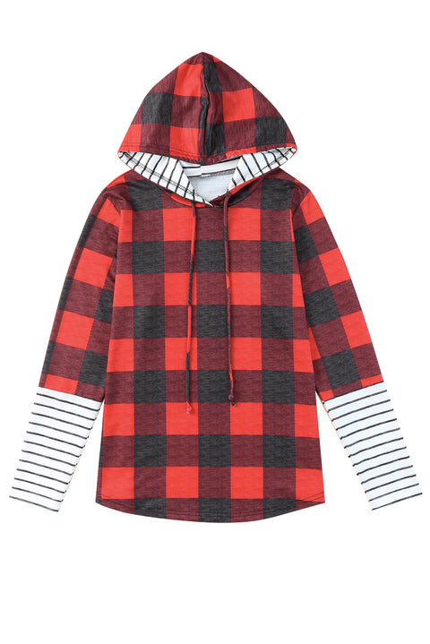 Christmas Plaid Striped Patchwork Drawstring Hoodie