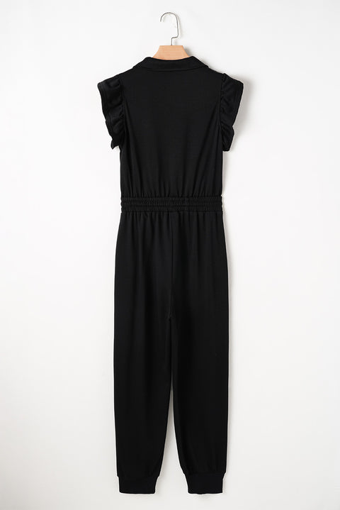 Black Zipper Flutter Sleeve Drawstring High Waist Jumpsuit