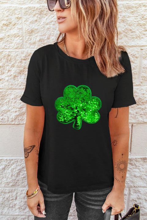 Black Sequin Clover Embroidered Round Neck Graphic Tee