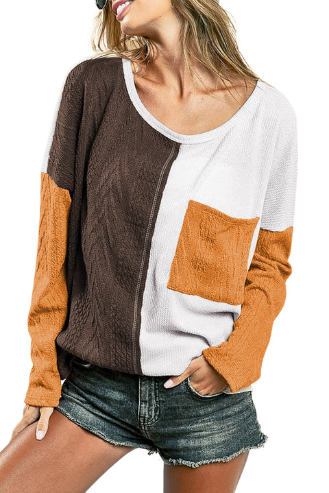 Brown Color Block Patchwork Chest Pocket Long Sleeve Top