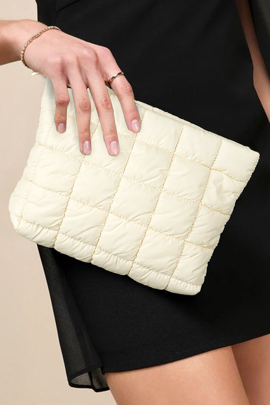 White Zipper Quilted Puffer Cosmetic Bag