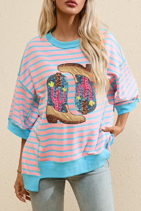 Pink Stripe Sequin Western Cactus Boots Graphic Half Sleeve T Shirt