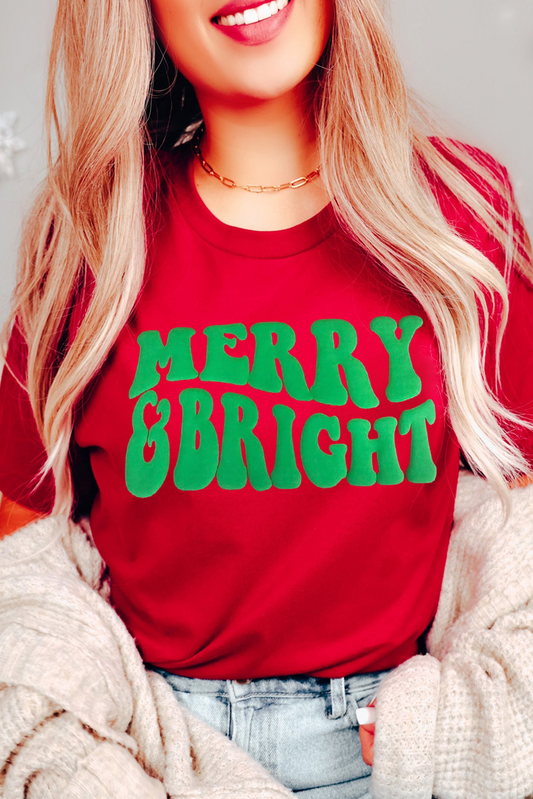 Red MERRY BRIGHT Letter Crew Neck Christmas T Shirt