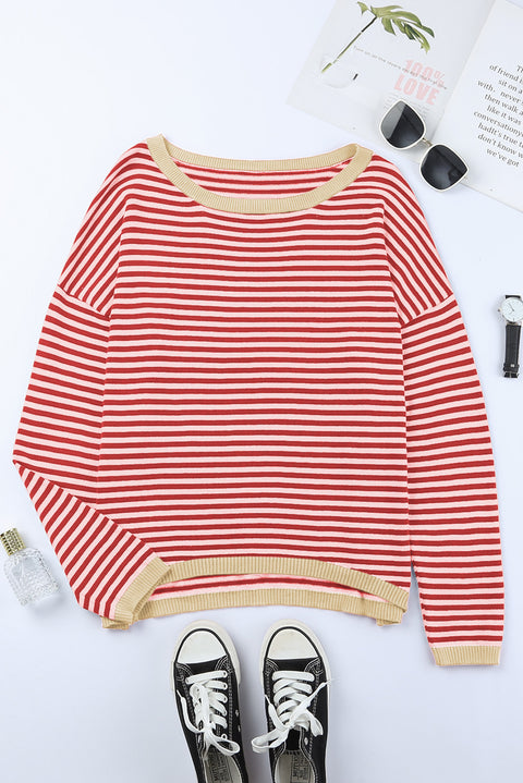 Fiery Red Contrast Trimmed Striped Drop Shoulder Sweater